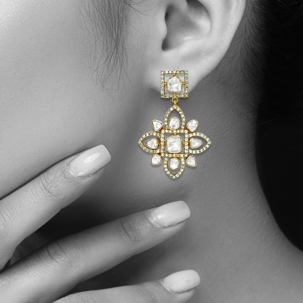 Floral Polki Earrings with Geometric Frames and Diamond Border